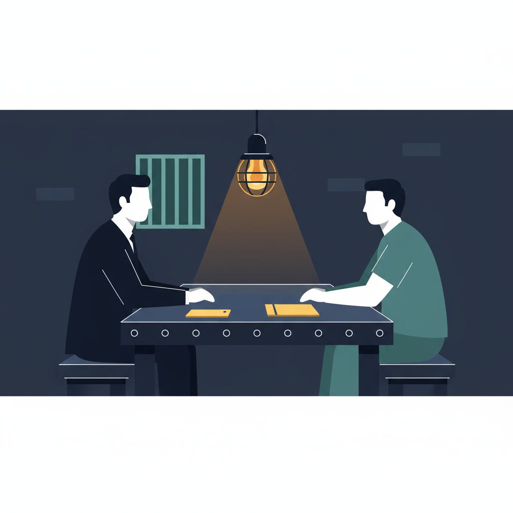 Public defender across a steel table from a new client in lockup
